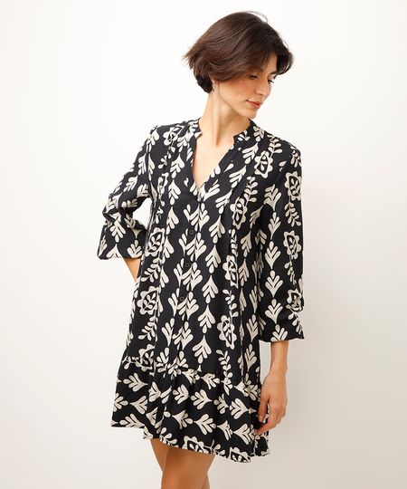 vestido curto manga longa arabescos preto GG vestido curto manga longa arabescos preto GG