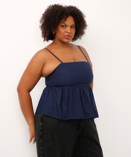bata com linho alça fina plus size mindset azul GG3