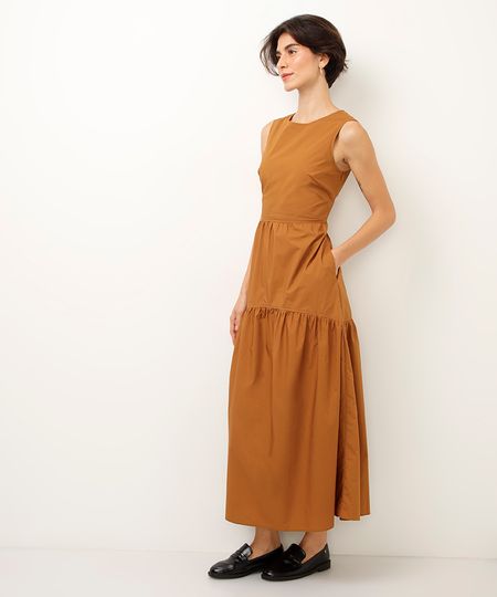 vestido longo de algodão com recortes marrom PP vestido longo de algodão com recortes marrom PP