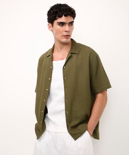 camisa de linho manga curta verde P