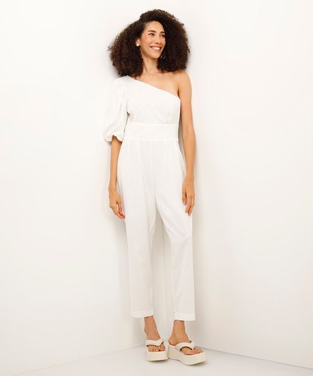 macacão ombro único com linho off white PP macacão ombro único com linho off white PP