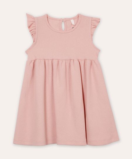 vestido infantil de algodão canelado rosa 9-12