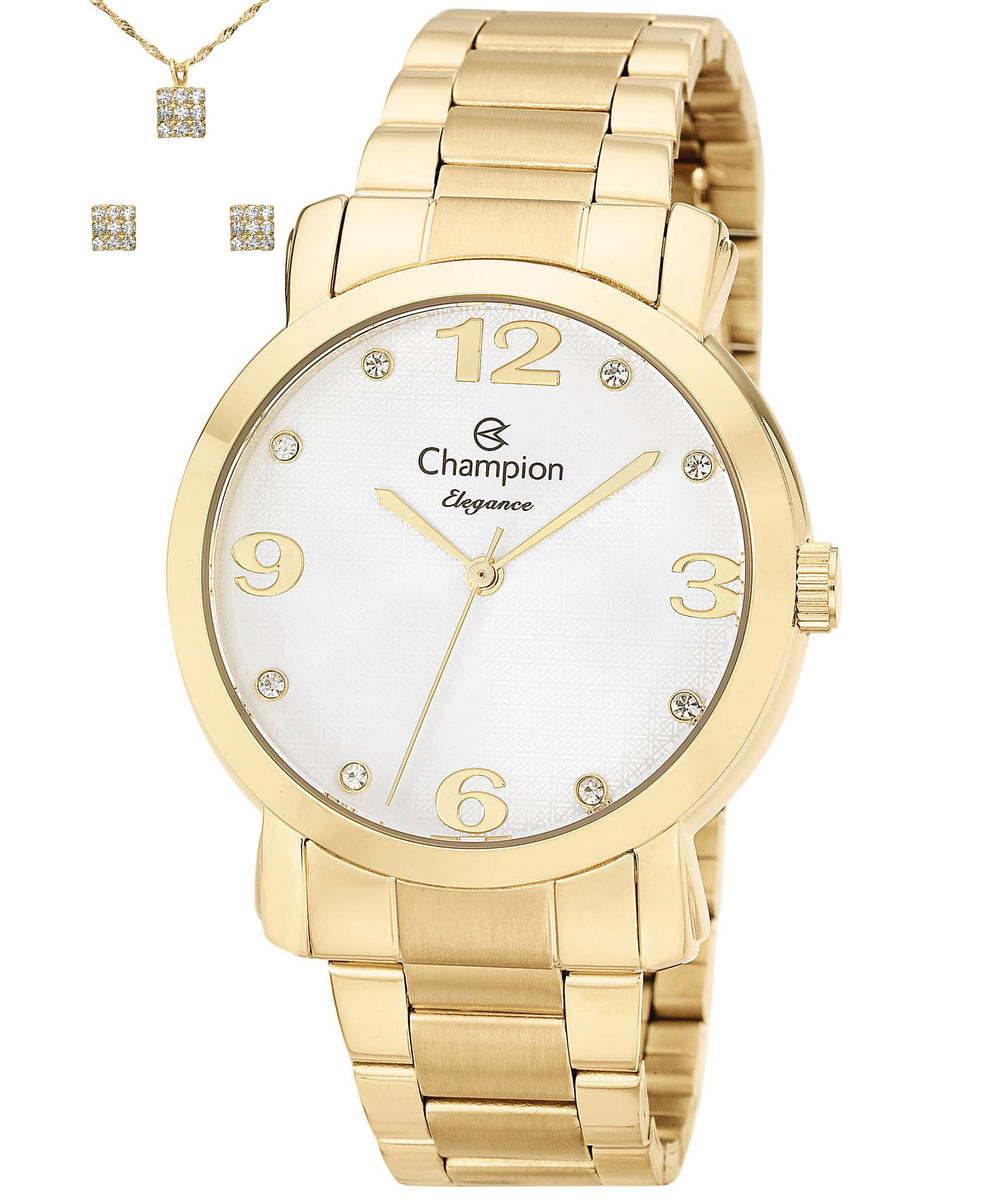 kit relógio analógico feminino champion cn26279w dourado