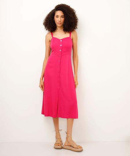 vestido midi com linho botões rosa PP