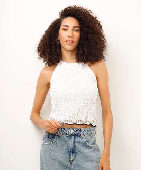 blusa de crochê halterneck bicolor off white PP