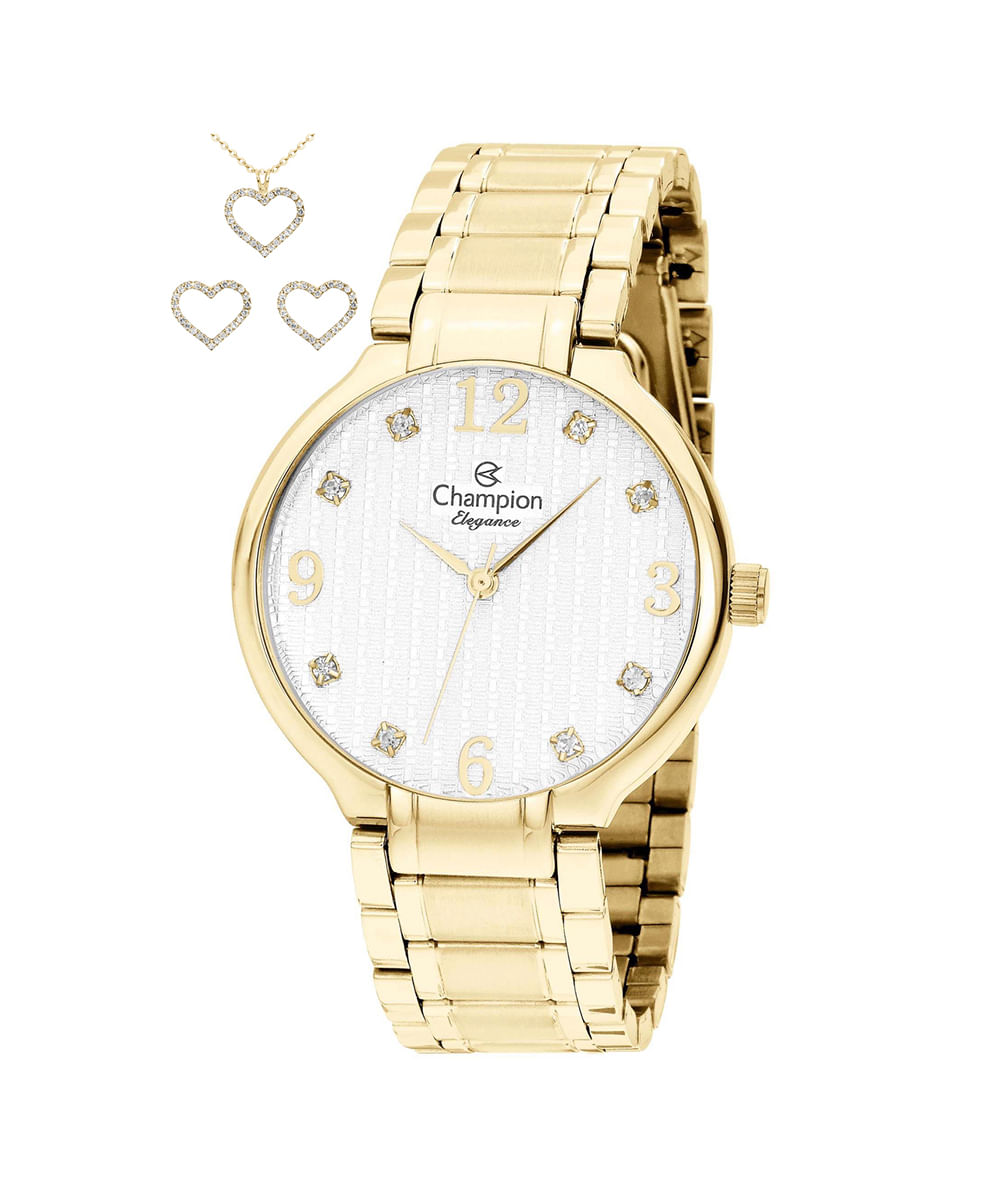 kit relógio feminino analógico champion cn26831w dourado