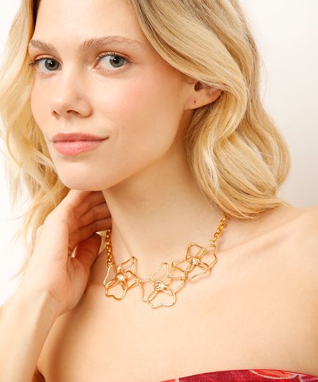 colar trio floral dourado UNICO
