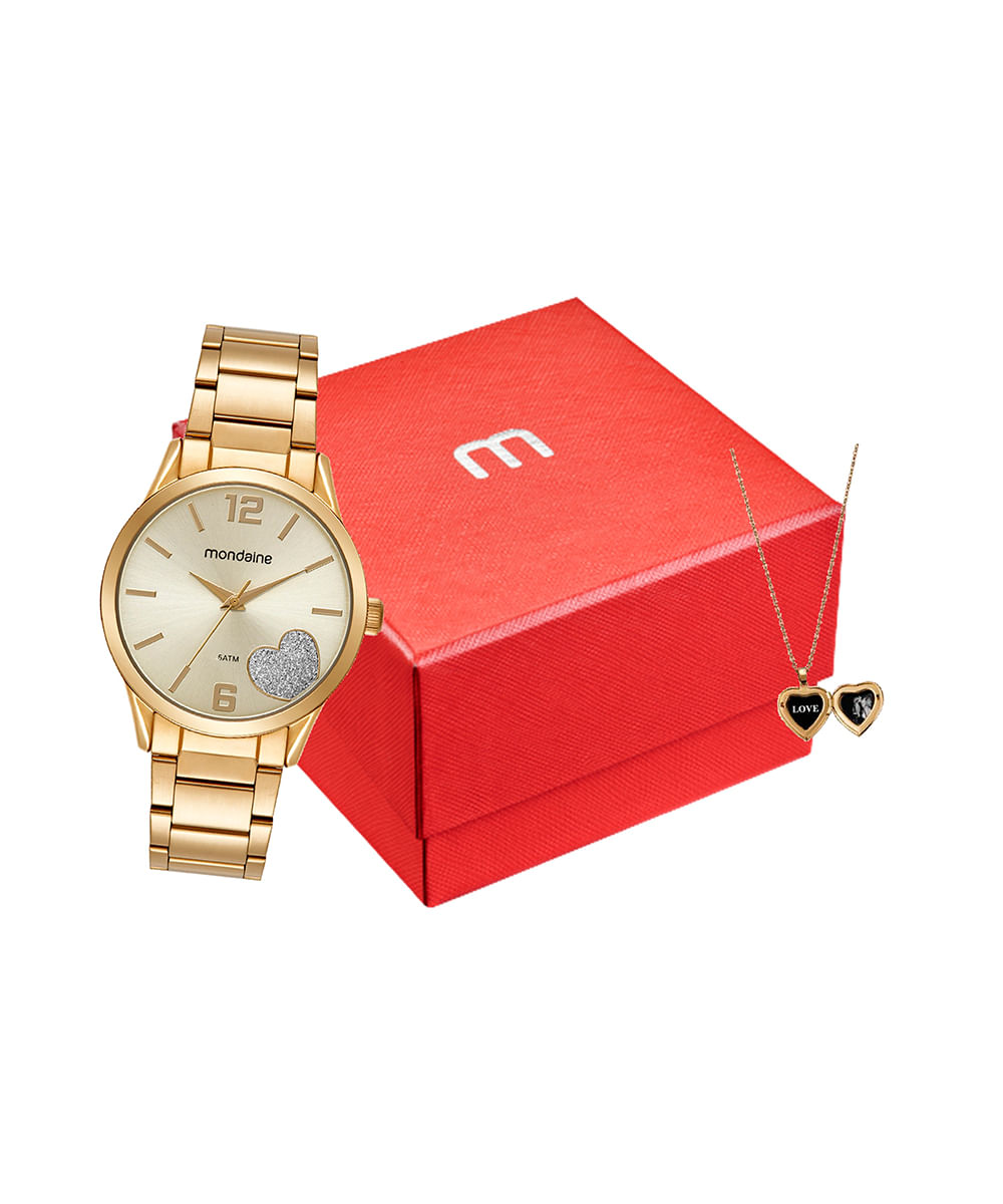 kit relógio analógico feminino mondaine 99767lpmvde2k dourado
