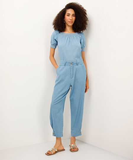 calça carrot jeans cintura alta azul 34