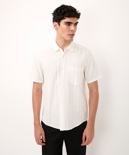 camisa com linho manga curta listrada off white P