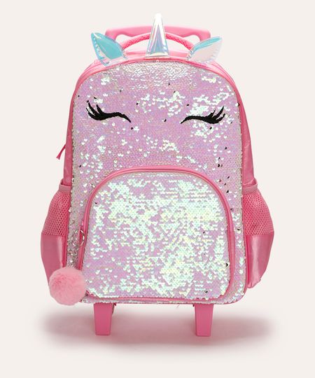 mochila infantil de rodinha unicórnio com paetê rosa UNICO