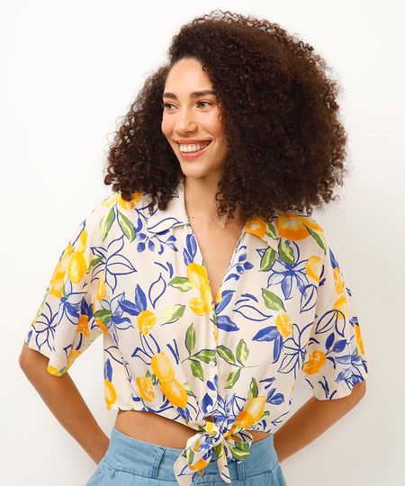 camisa de viscose com amarração floral amarela P