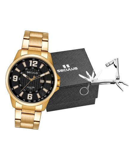kit relógio analógico masculino seculus 44219gpsvda5k dourado UNICO