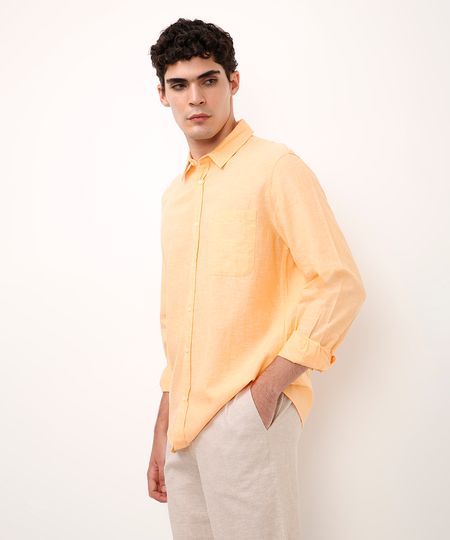 camisa comfort com linho manga longa laranja GG