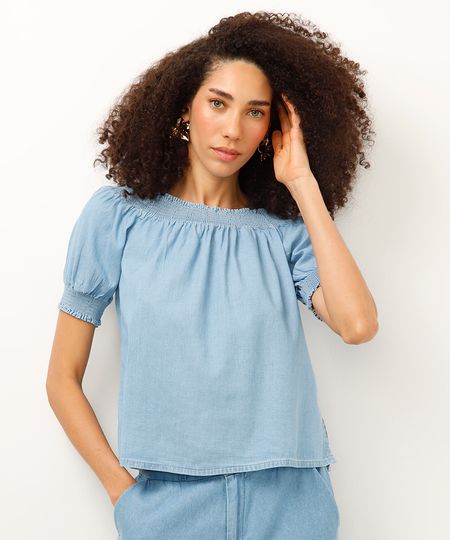 blusa jeans manga bufante azul PP blusa jeans manga bufante azul PP