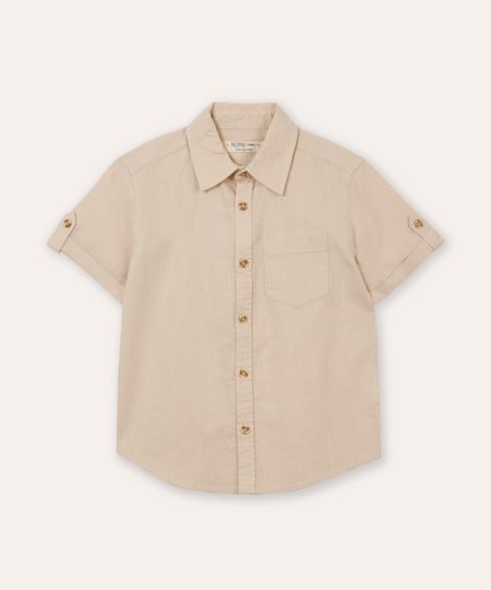 camisa de algodão infantil manga curta com bolso bege 4