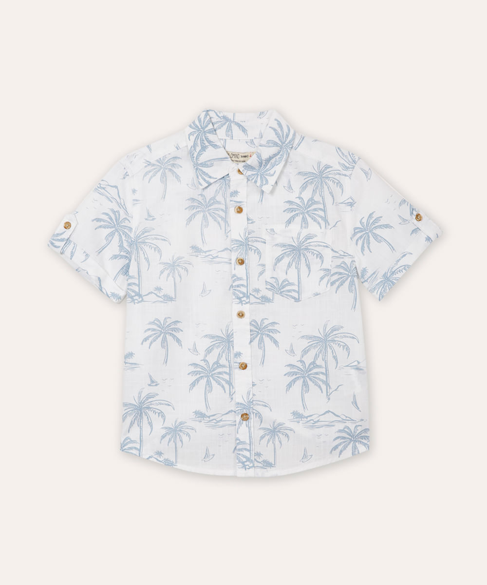 camisa de algodão infantil manga curta coqueiros branca