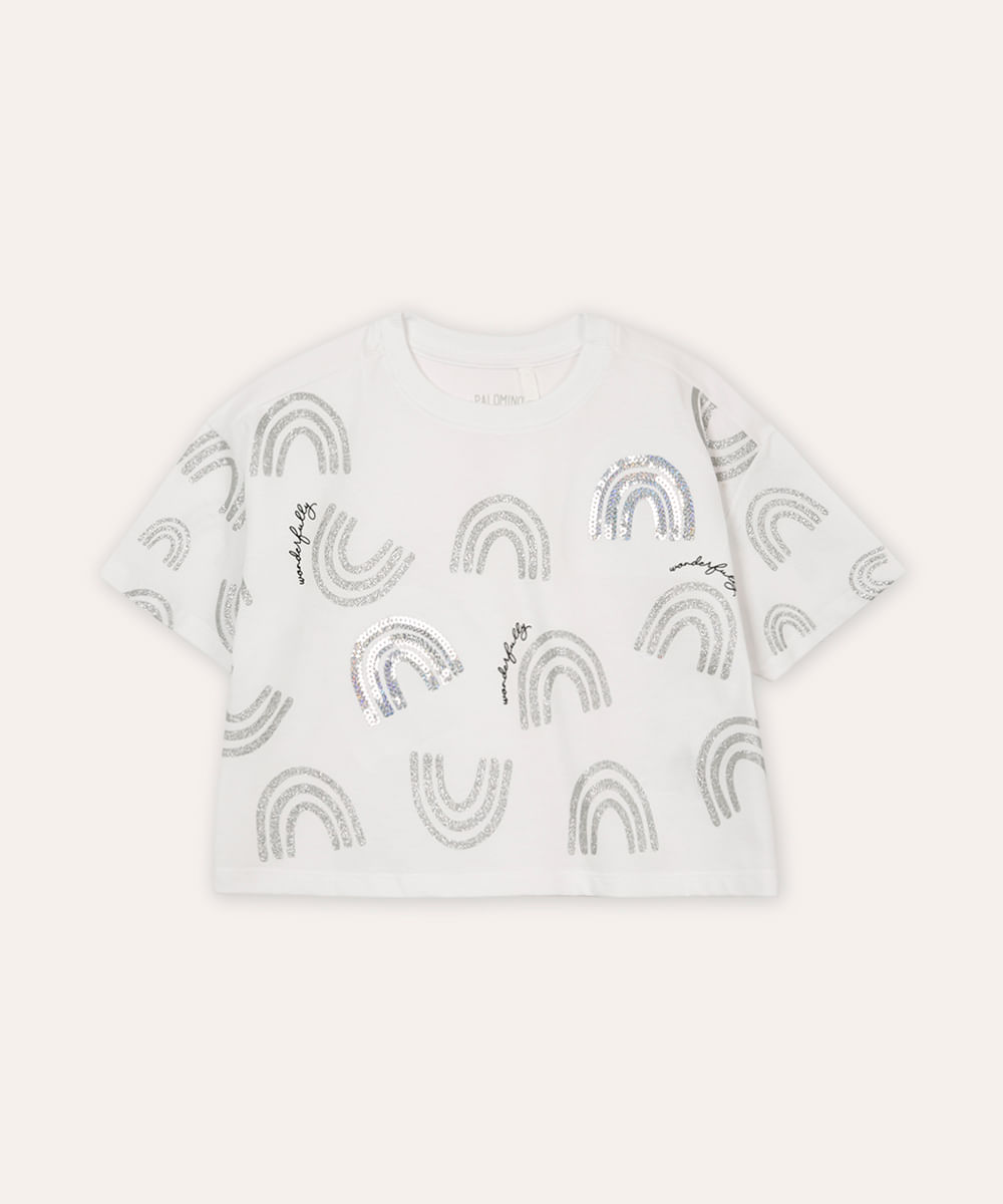 camiseta de algodão infantil wonderfully com paetê off white