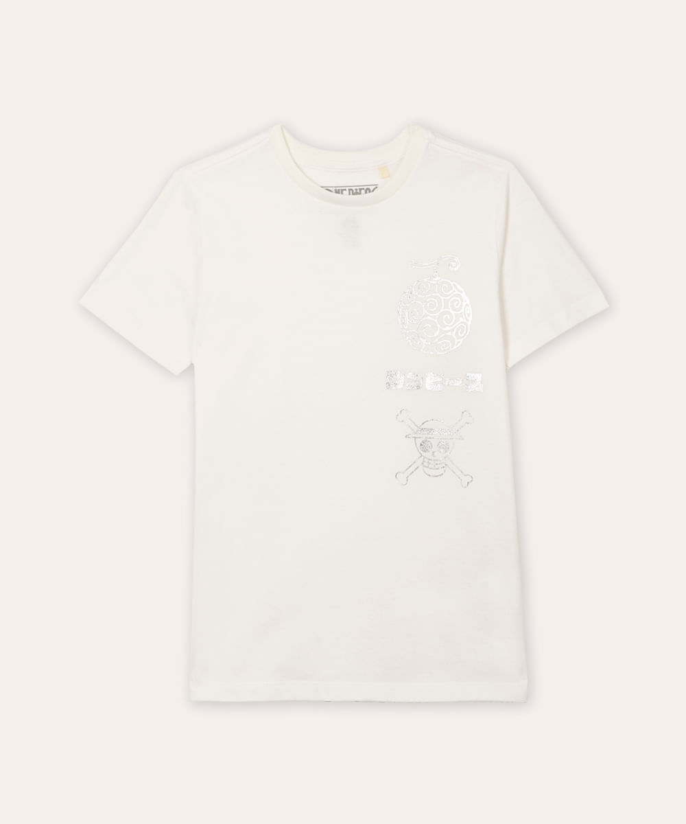 camiseta juvenil de algodão one piece metalizada off white