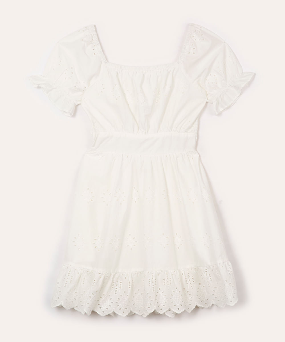 vestido curto de laise juvenil com recorte off white