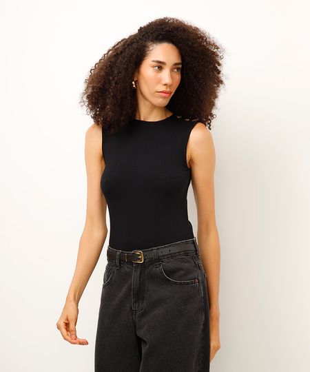 regata de viscose com botões canelada preto PP
