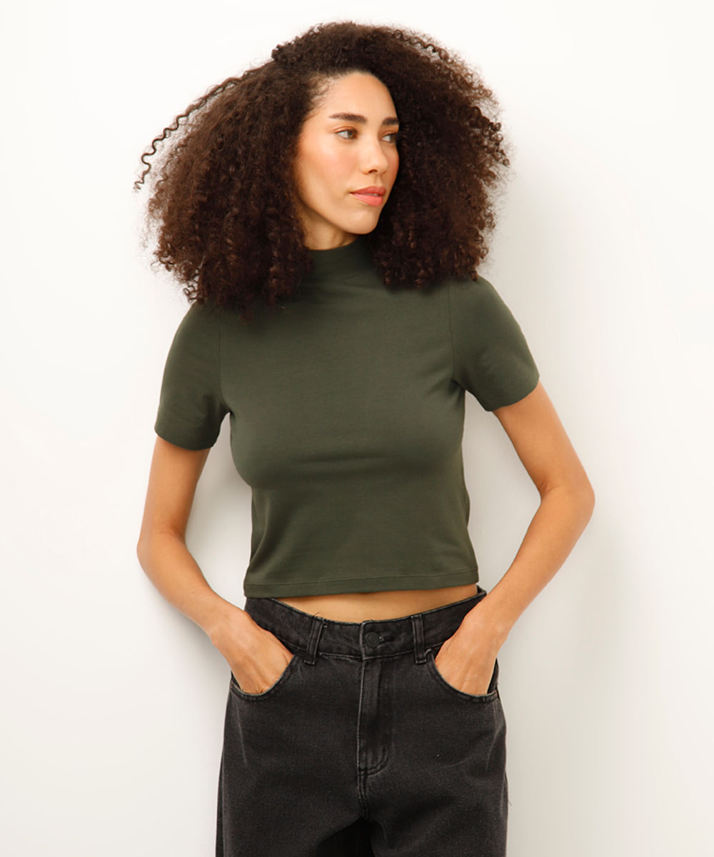 cropped de algodão gola rolê manga curta verde