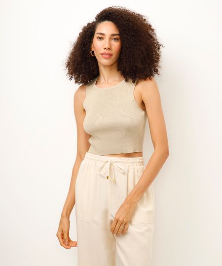 cropped de tricot com lurex canelado dourado G cropped de tricot com lurex canelado dourado G