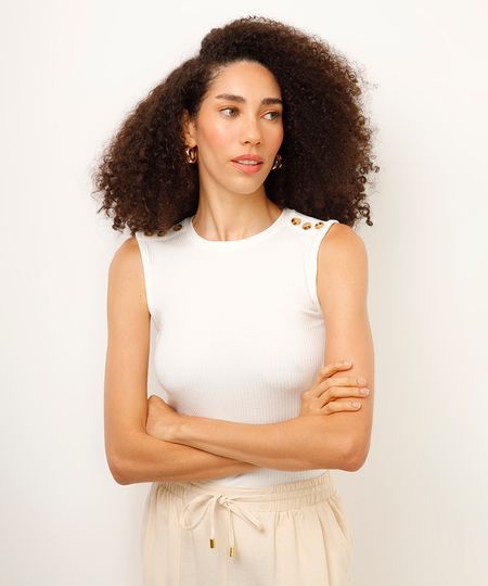 regata de viscose com botões canelada off white PP regata de viscose com botões canelada off white PP