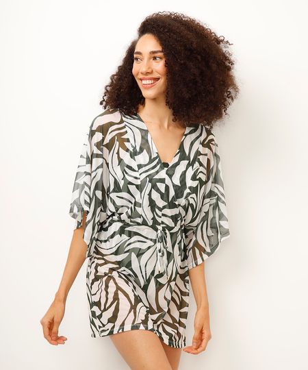 kaftan saída de praia tule folhagens verde P