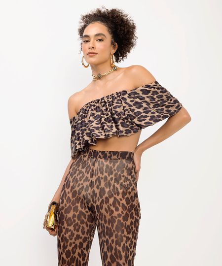 top sem alça com babado animal print bege G top sem alça com babado animal print bege G