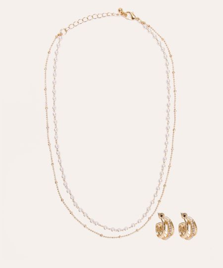 kit de colar e brinco argolinha pérola dourado UNICO