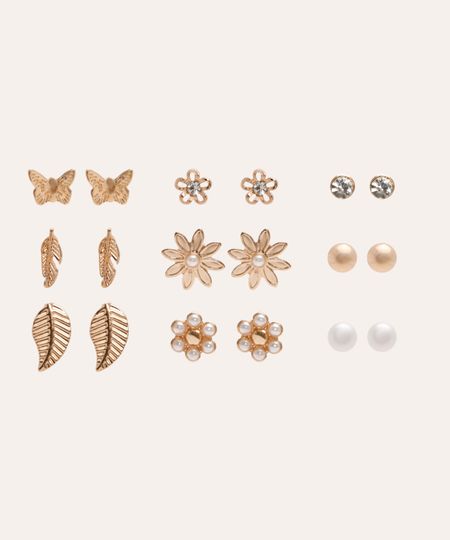 kit de 9 pares de brincos floral dourado UNICO