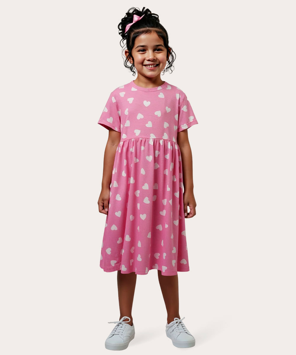 vestido de algodão infantil corações rosa