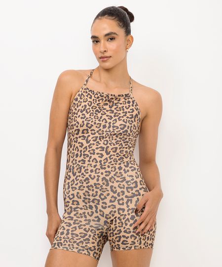 macaquinho feminino esportivo ace com bolsos animal print marrom P