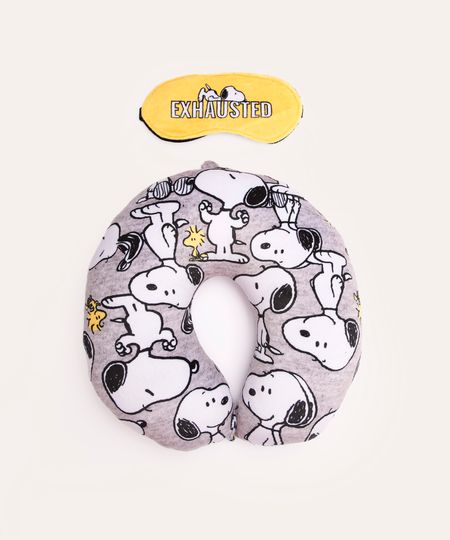 apoio de pescoço com máscara de dormir snoopy e woodstock cinza UNICO