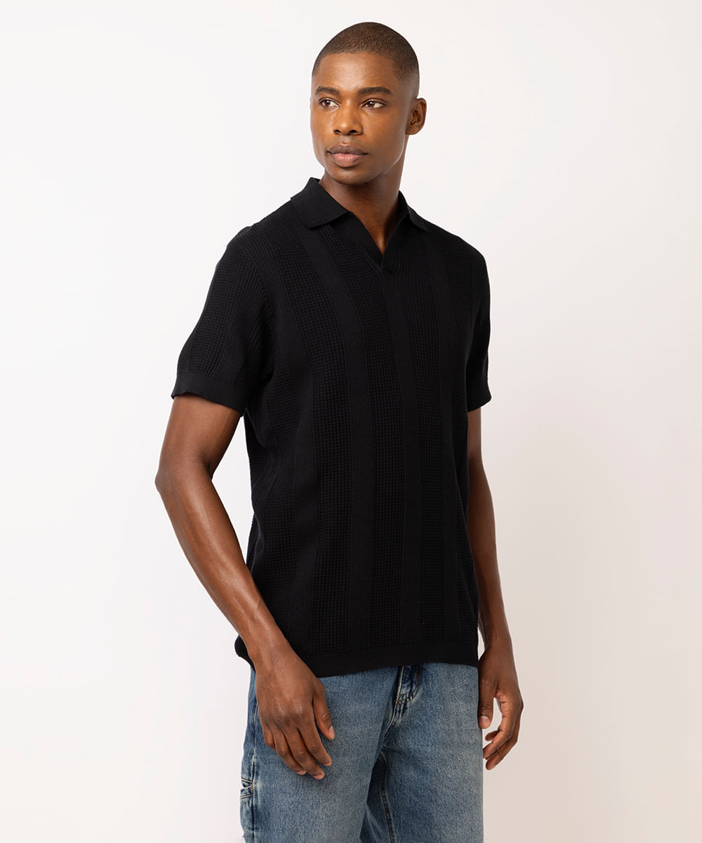 polo masculina de tricot texturizada preta