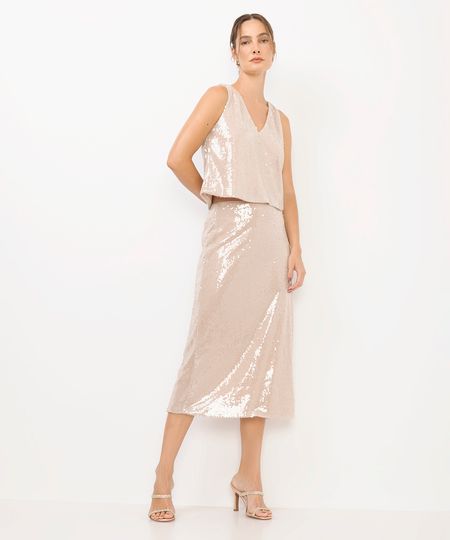 saia midi feminina de paetês com fenda bege 36 saia midi feminina de paetês com fenda bege 36