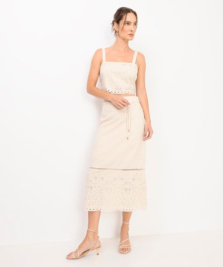 saia midi com linho bordado floral bege 42 saia midi com linho bordado floral bege 42