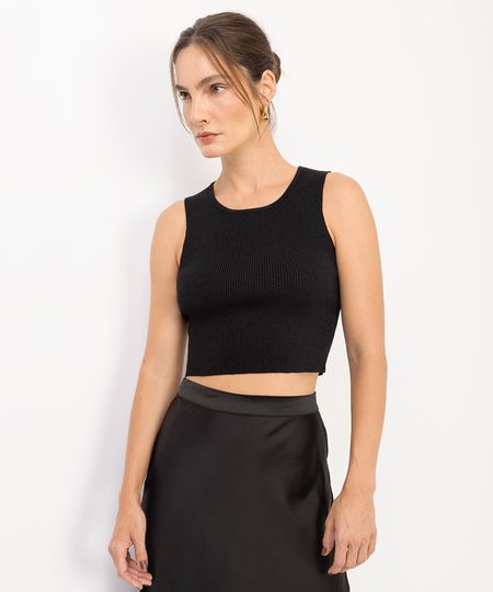 cropped de tricot com lurex canelado preto P