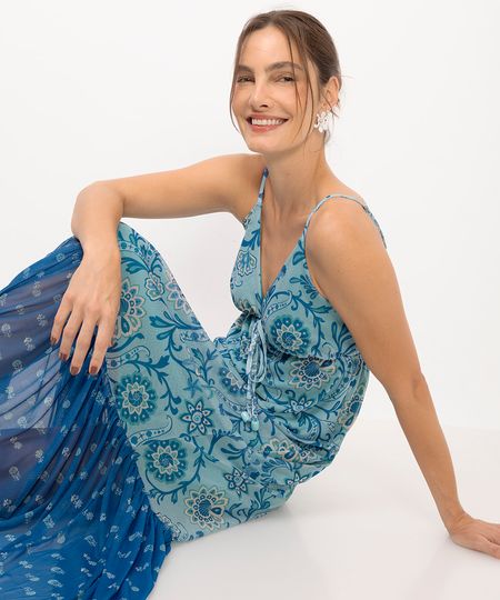 vestido midi feminino de tule estampado azul PP