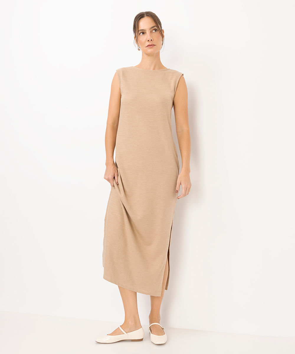 vestido longo de algodão com fendas bege