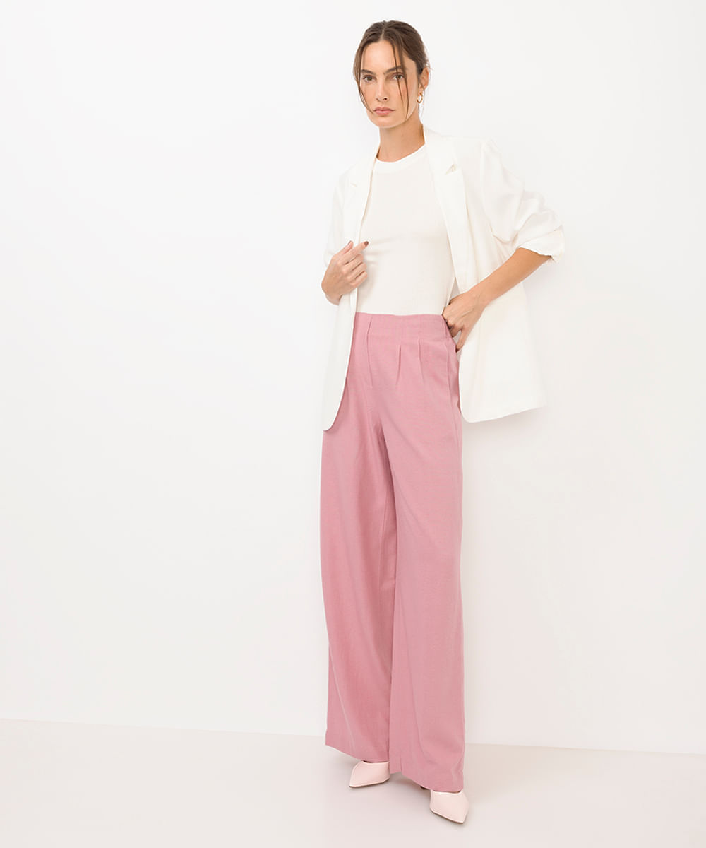 calça wide leg feminina com linho rosa
