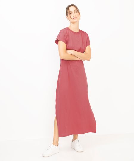 vestido de algodão básico com fenda longo rosa P