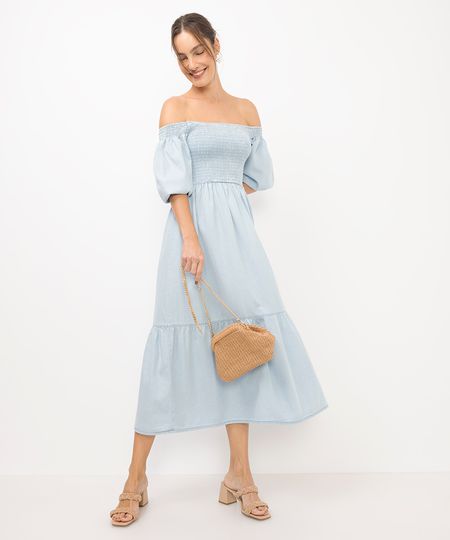 vestido feminino midi jeans manga bufante azul G