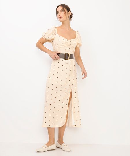 vestido midi feminino de viscose poá amarelo P