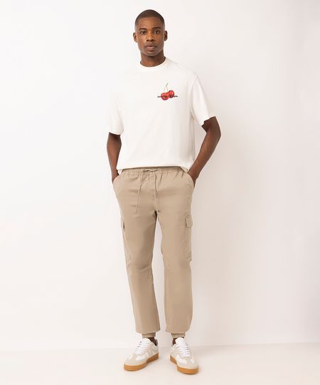calça jogger masculina de sarja com bolso cargo bege P