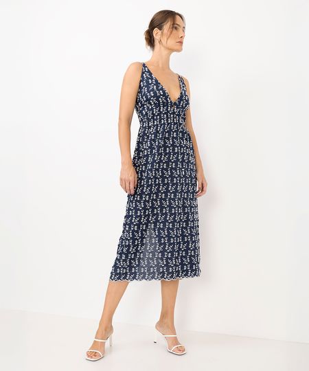 vestido midi feminino bordado floral azul M