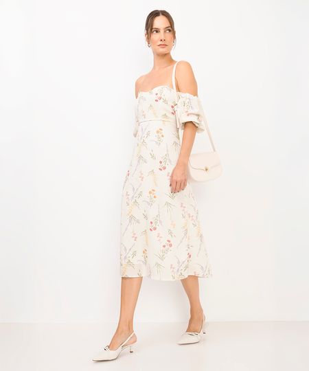vestido midi feminino manga bufante floral off white M vestido midi feminino manga bufante floral off white M