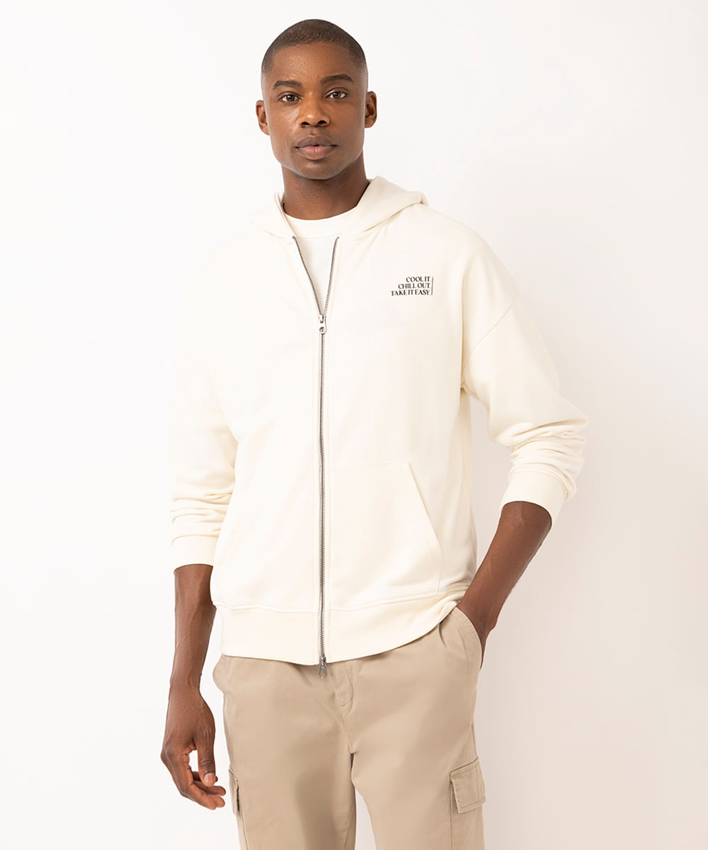 jaqueta masculina de moletom com capuz off white
