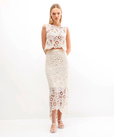 saia midi de crochet arabescos bege PP